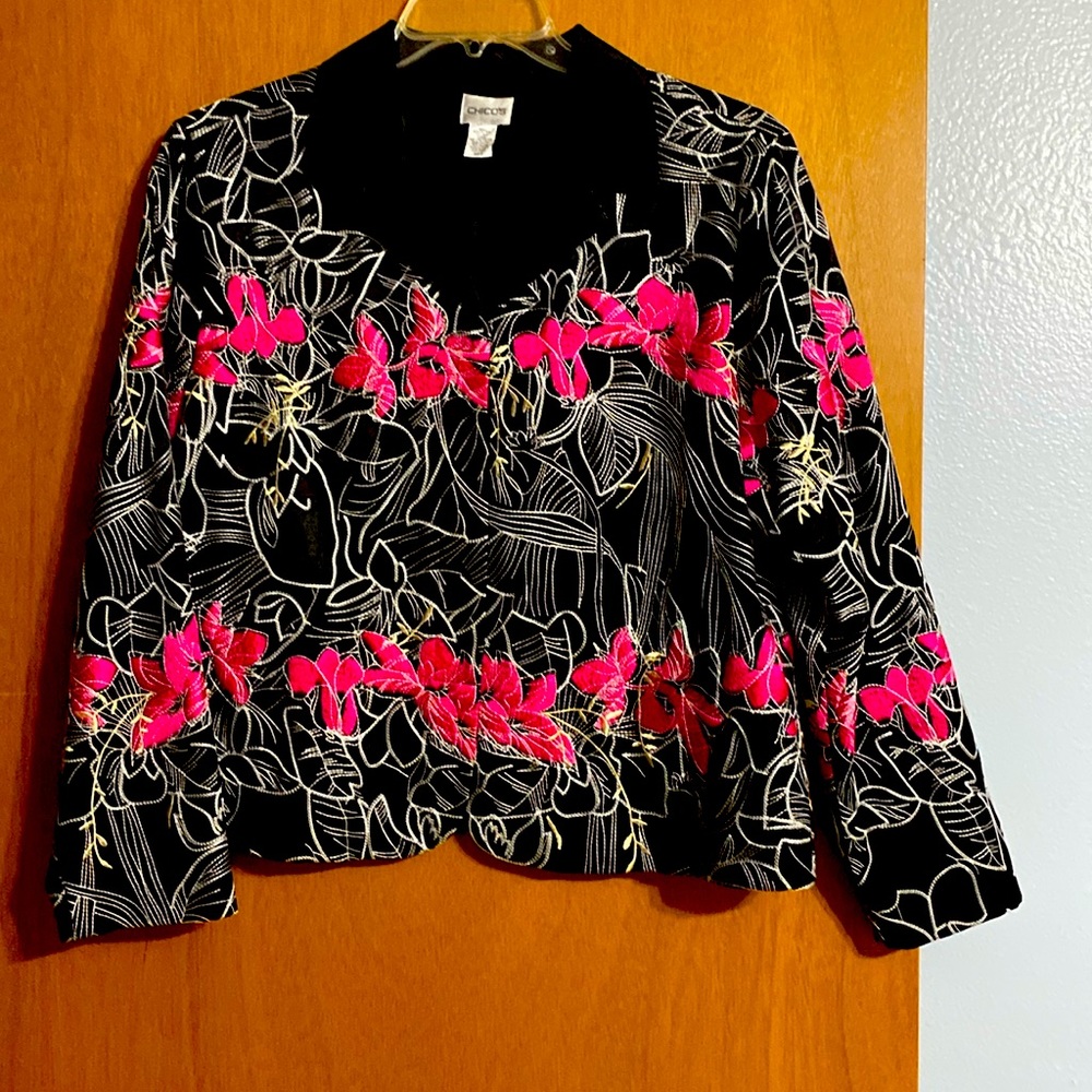 Beautiful black/rose statement jacket. Chico’s size 3